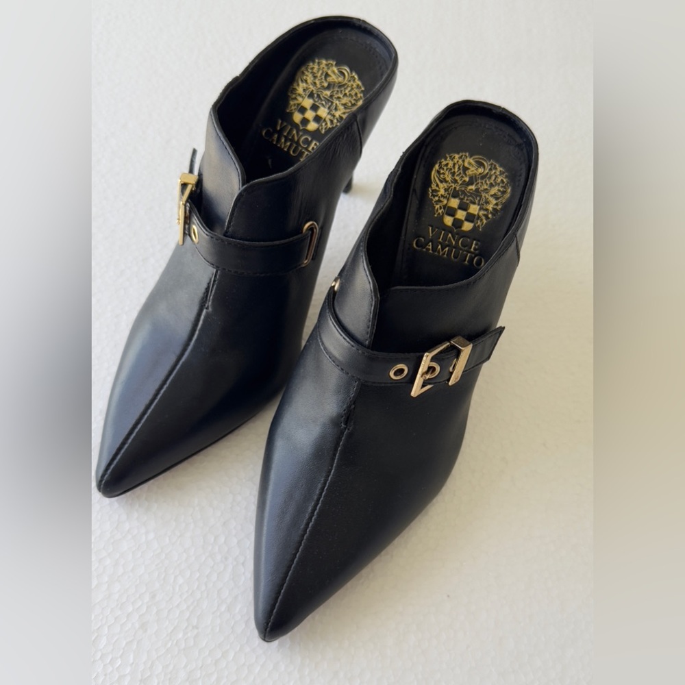 Vince Camuto NEW Black Mules with Gold Hardware